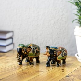 Indian Home Decor | Wooden Elephant Pair (Hand-Painted, Multicolor)